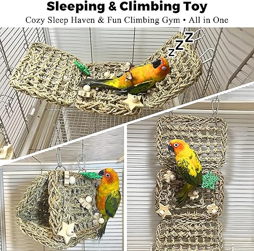 Seagrass Handwoven Bird Bed for Cage, DIY Parakeet Nest & Climbing Ladder, Breathable Bird Hammock Tent with Chewable Toys, Cozy Parrot Sleeping Hut for Small Medium Birds Like budgies Lovebirds