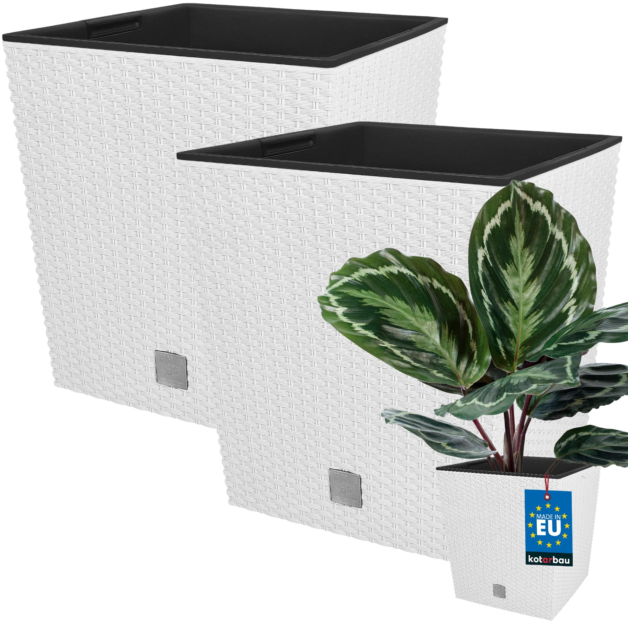 KOTARBAU® Set of 2 Flower Pots Height: 27 cm 15.8 L White Plastic Plant Pot Planter with Inner Pot Flower Pot Set Like Rattan Plant Pot Indoor Outdoor