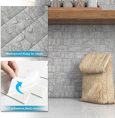 Miniatura 5 de BeNice Azulejos de ducha para despegar y pegar para cocina, baño, azulejos de ducha impermeables (5 hojas, gris)