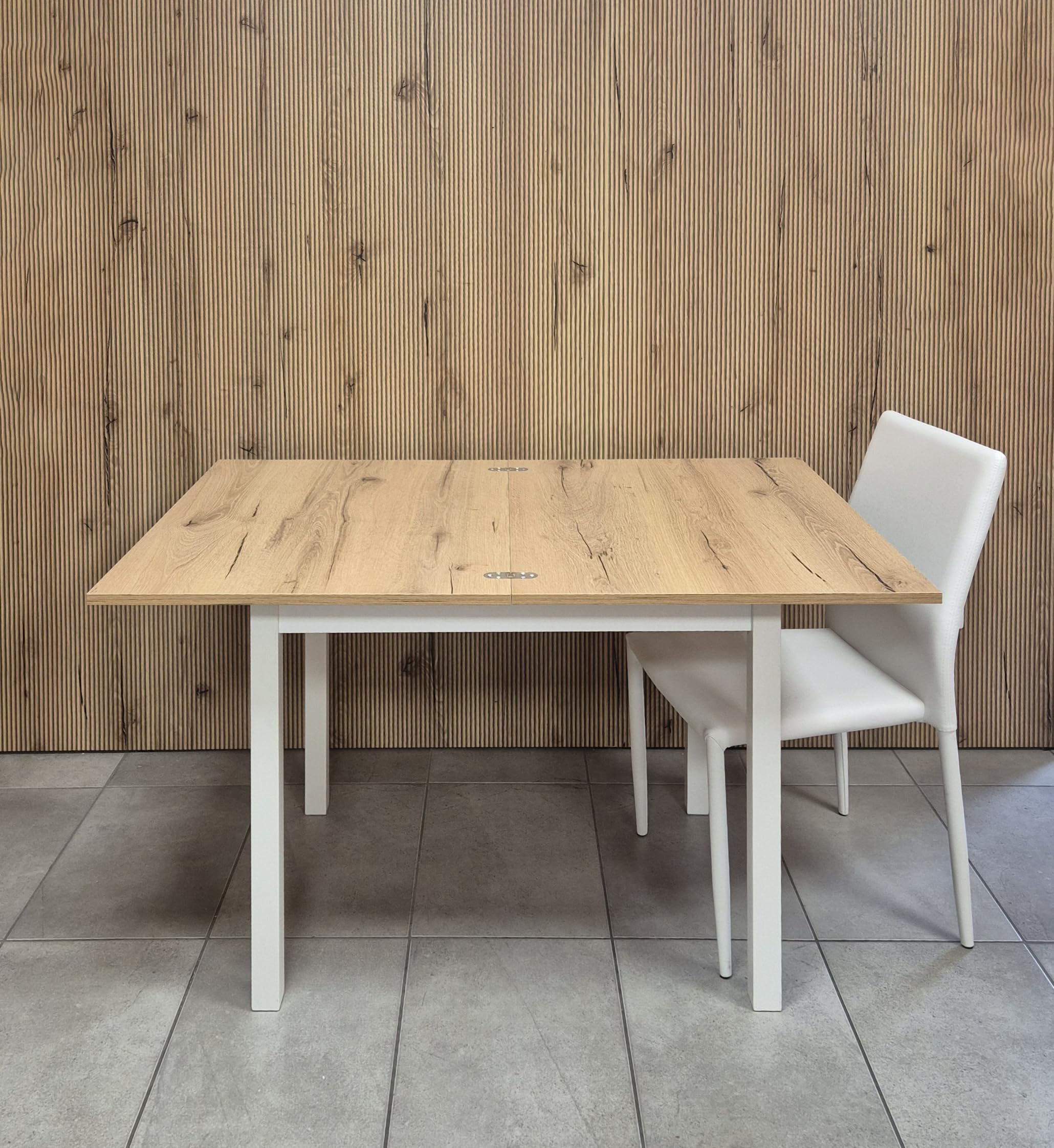 Tavolo salvaspazio allungabile moderno SATURNO rovere rustico charlestone e bianco cm.80x60/120*ARRIVA MONTATO*