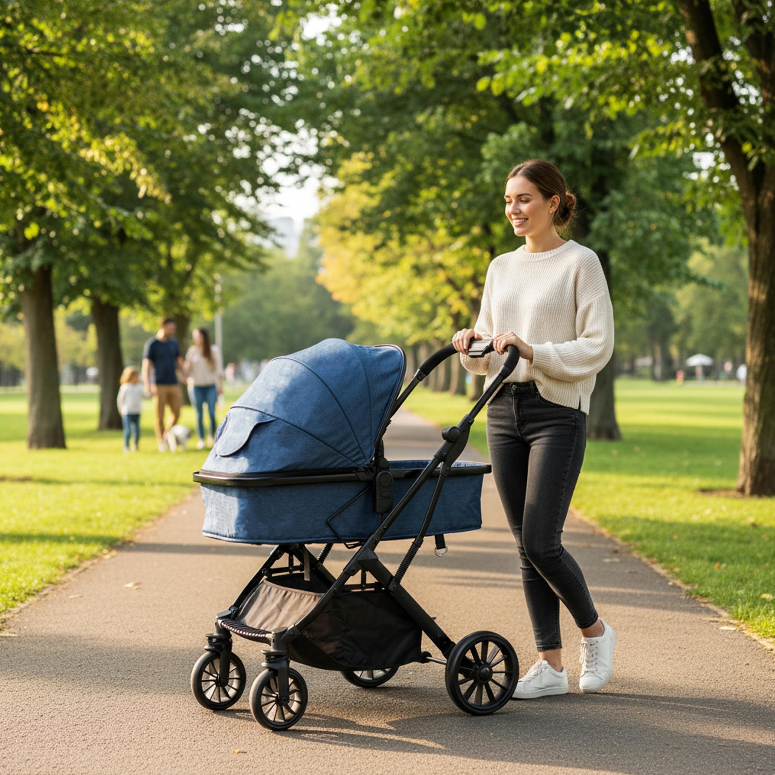 Passeggino Trio 3 in 1 con Navicella, Ovetto e Borsa Mamma, Reversibile, Schienale Reclinabile, Chiusura Compatta, 6-36 Mesi (Blu)