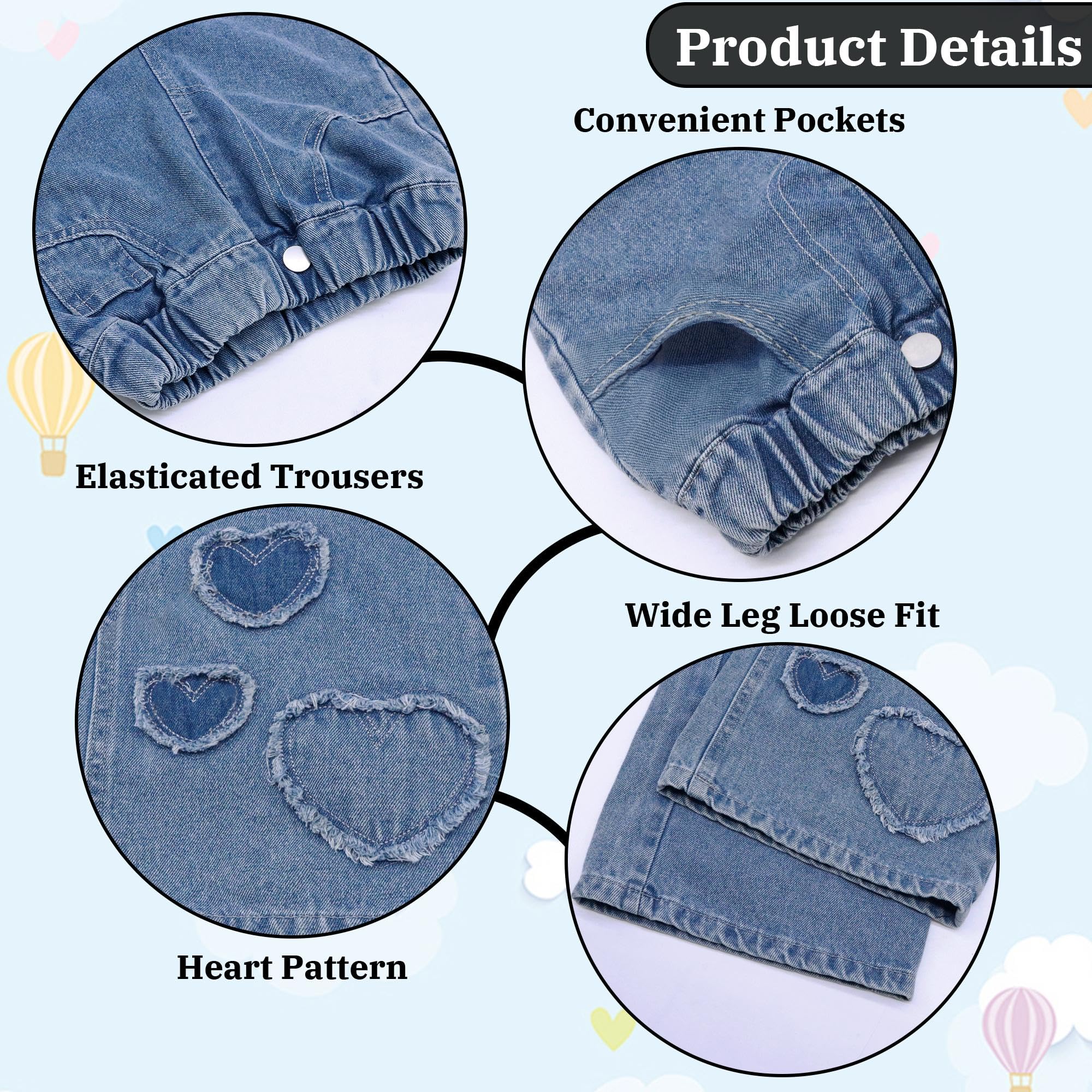 Jeans Filles Baggy Wide Leg Denim Pantalon avec Taille Élastique Jambes Larges Jean Loose Fit Pantalon Stretch Décontracté Bleu Denim Pants avec Poches Mode Streetwear pour Enfants 6-14 Ans
