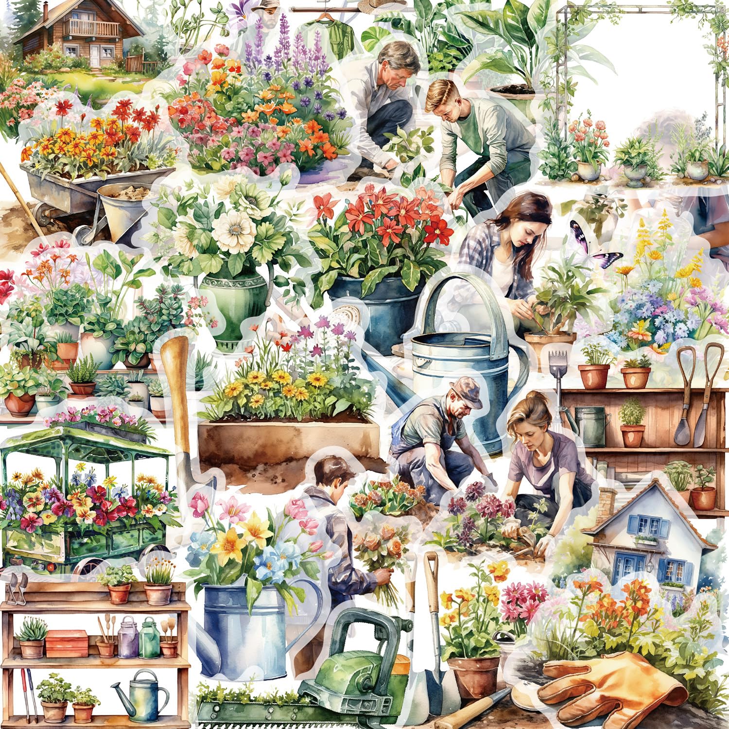 50-Piece Watercolor Cottagecore Country Garden Aesthetic Stickers for Scrapbooking - Waterproof Clear Rural Farmhouse Planting, Gardening, Floral