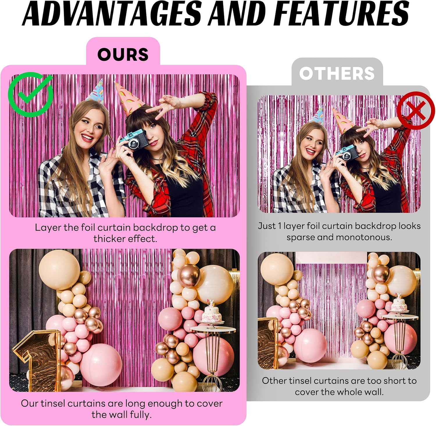 BTSD-home Bundle of Iridescent Party Decorations and 10 Pack Pink Foil Fringe Curtain for Wedding Birthday Party Decorations