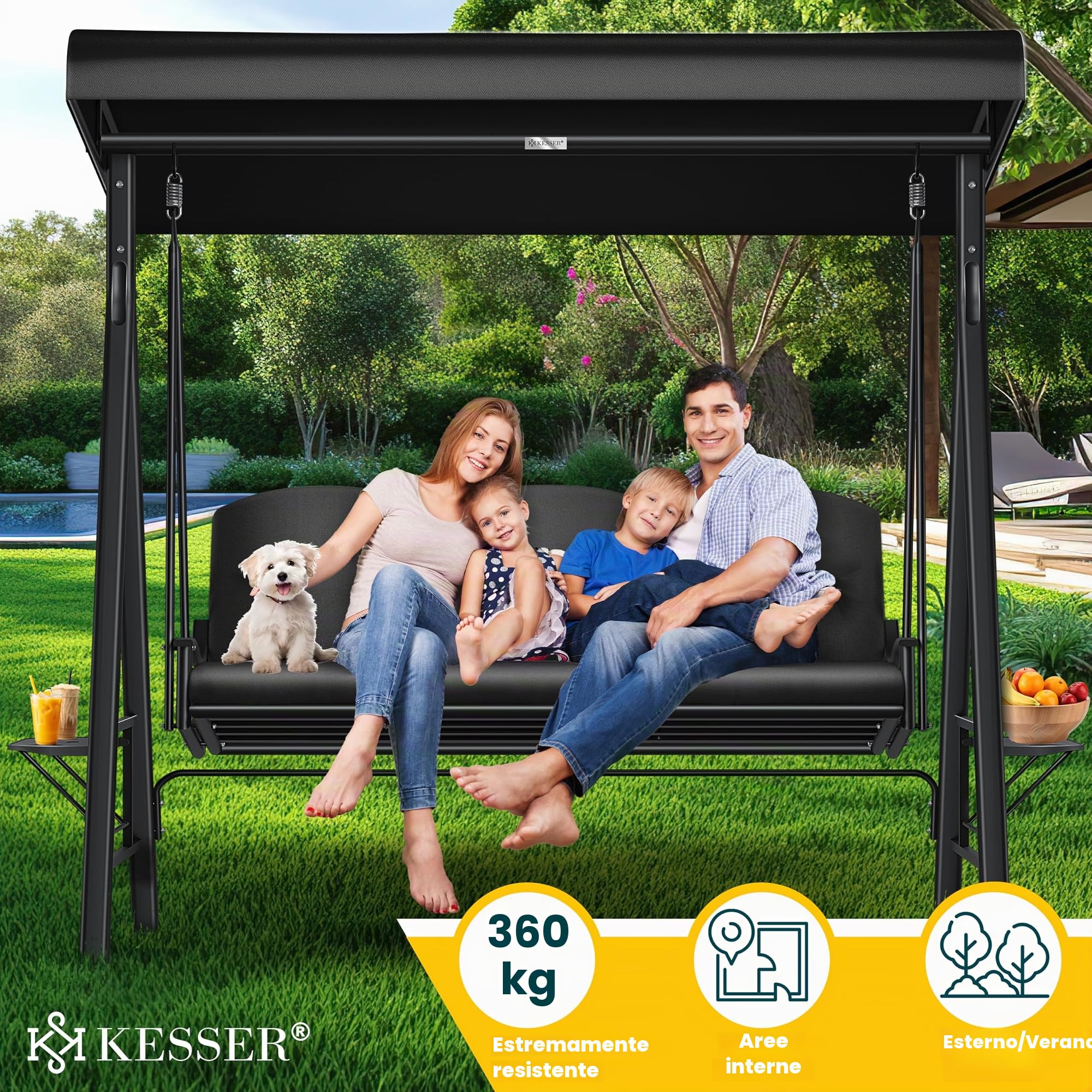 KESSER® Dondolo Hollywood con tettuccio parasole, 3 Posti, cuscino di seduta, Portata fino a 360 kg, Sdraio da Giardino con piedini antiscivolo, Uso Esterno e Interno, Idrorepellente, Nero