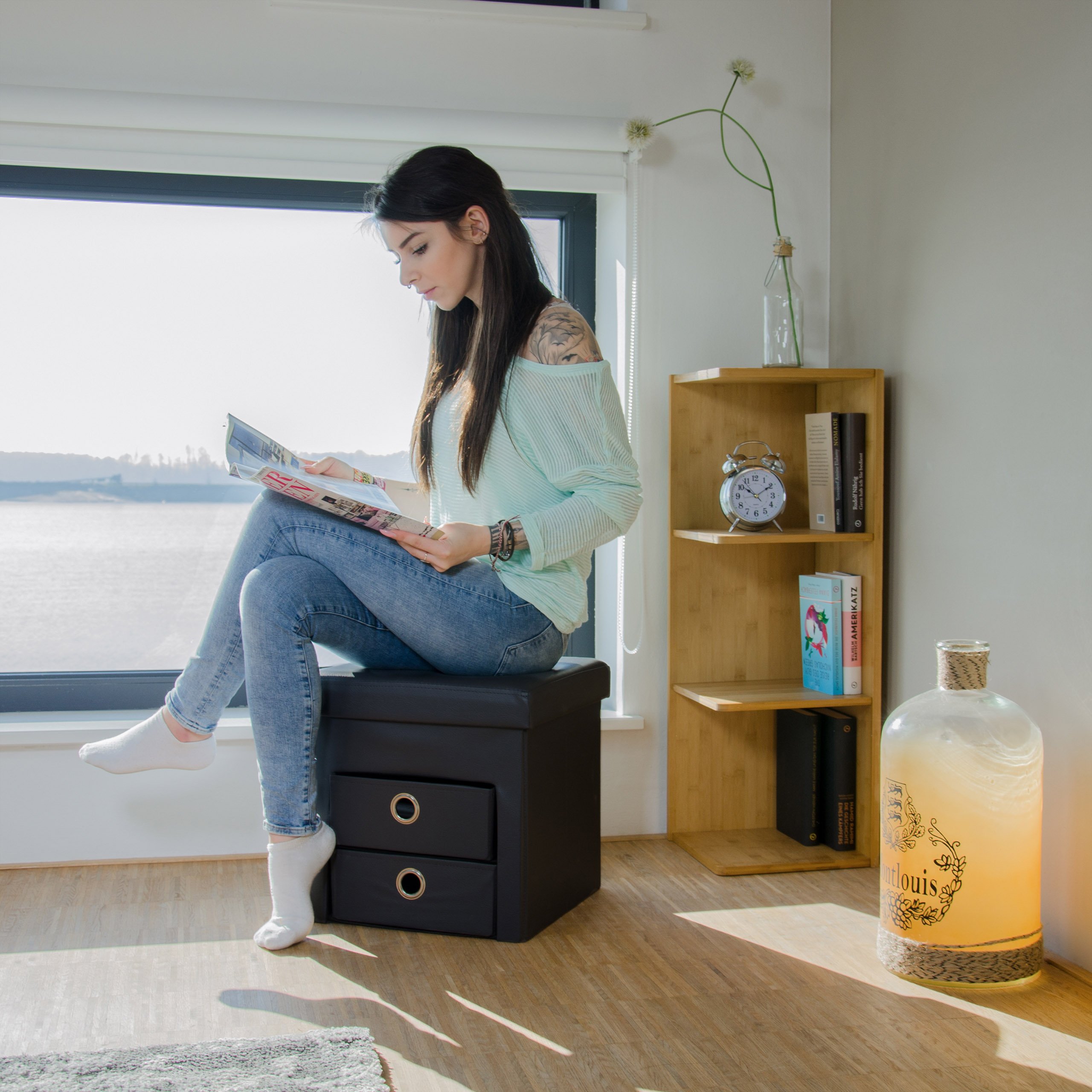Relaxdays Tabouret de rangement carré pliant en similicuir avec couvercle amovible pouf ottoman de stockage cube pour salon pliable avec 2 tiroirs amovibles repose-pieds HxlxP: 38 x 38 x 38 cm, gris