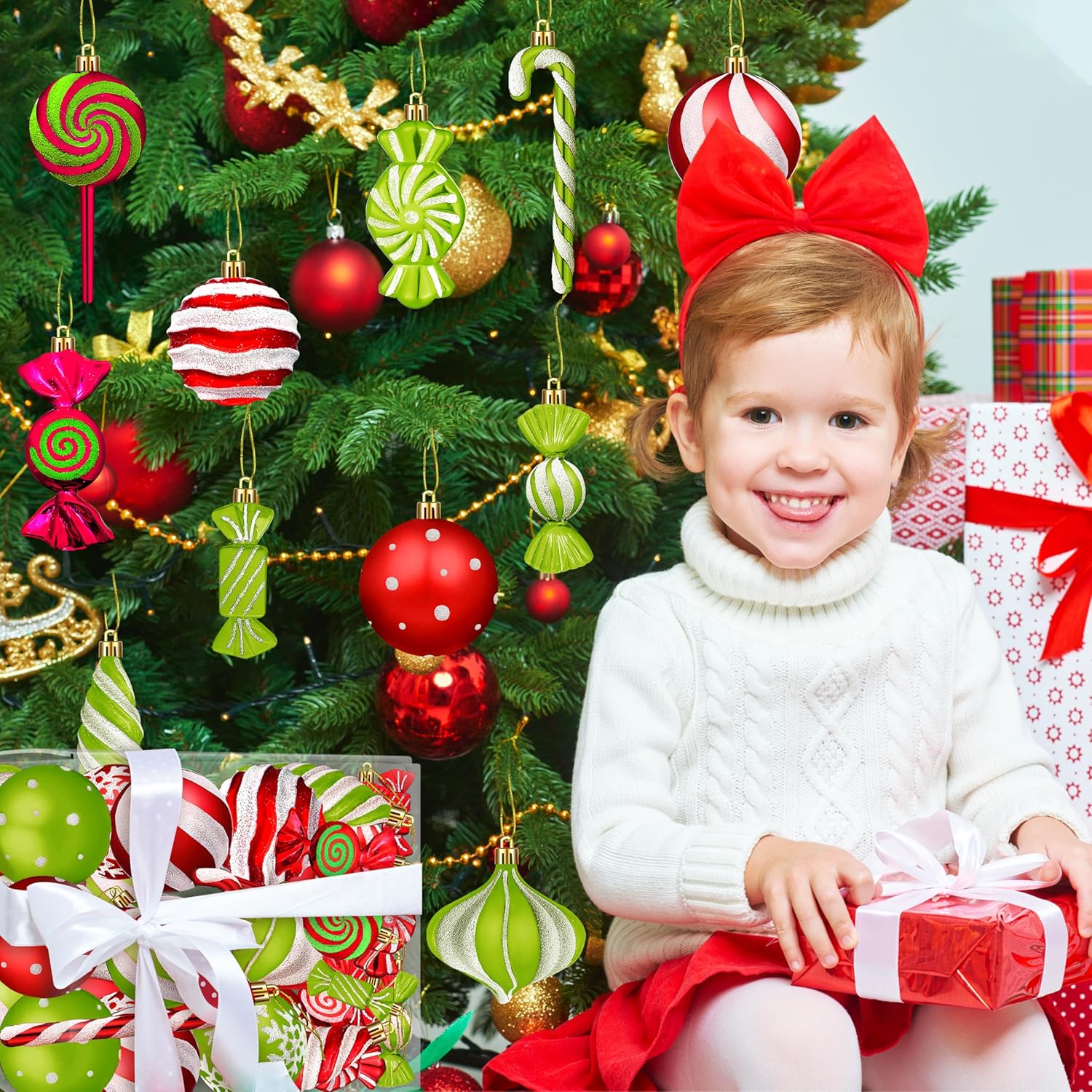 Christmas Ornaments Candy Lollipop Set -48Pcs for Xmas Tree Decoration Hanging Plastic Gloss Candy Canes Ball Pendants for New Year Home Decor Party Supplies (Red White Green)