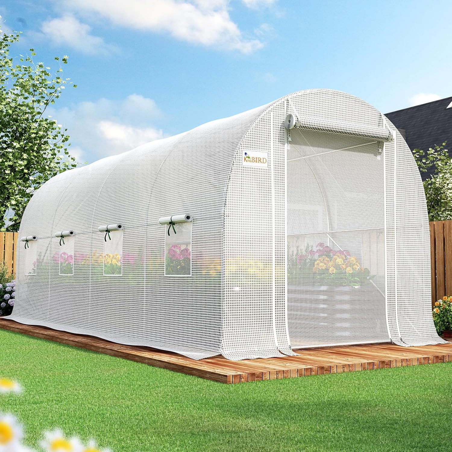 KING BIRD Premium 15x7x7FT Greenhouse for Outdoors, Walk-in Galvanized Steel Frame, Screen Mesh Door Window Plastic Cover, Upgraded Zipper Small Portable Tunnel Hoop House for Outside, White