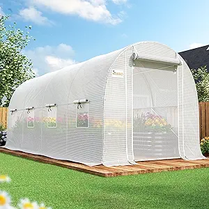 KING BIRD Premium 15x7x7FT Greenhouse for Outdoors, Large Walk-in Heavy Duty Galvanized Steel Frame, Mesh Door Screen Window Hoop Plant Winter Hot House Tunnel Plus Brass Irrigation Kit, White