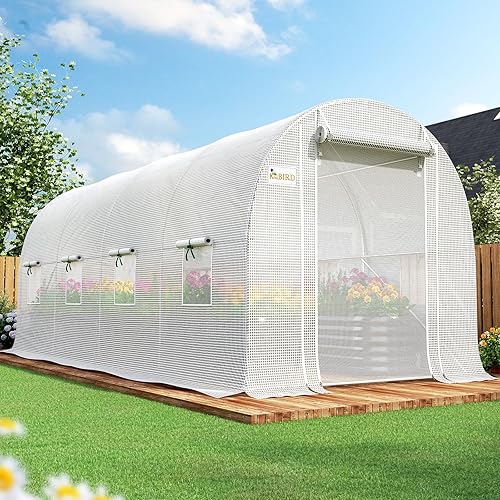 KING BIRD Premium 15x7x7FT Greenhouse for Outdoors, Walk-in Galvanized Steel Frame, Screen Mesh Door Window Plastic Cover, Upgraded Zipper Small Portable Tunnel Hoop House for Outside, White