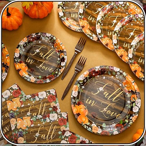 Miniatura 5 de Sunnyray 96 piezas de decoración de fiesta de enamoramiento, suministros de calabaza y flores, juego de vajilla de otoño, platos de postre para