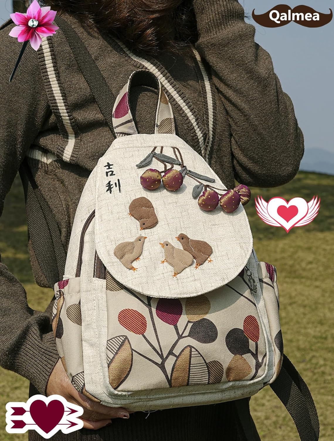 Small Backpack Purses for Women Cute and Quirky Boho Crossbody Bag Four Chicks Embroidery Backpack - Image 5