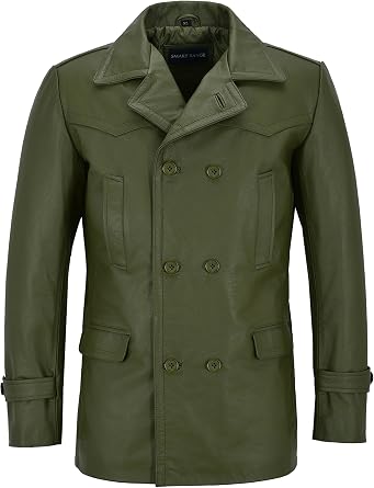 German Pea Coat Men Classic Reefer Military Style Cowhide Leather Jacket DR-Who