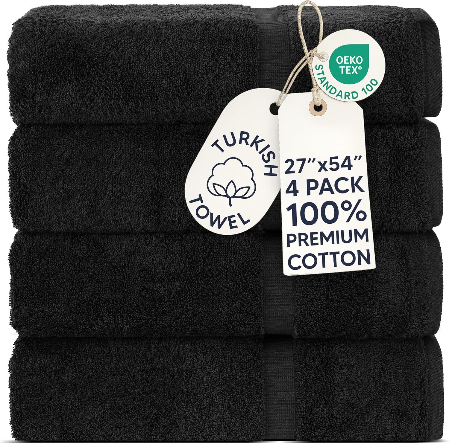 Chakir Turkish Linens 100% Cotton 4-Pack Bath Towels 27x54, Black | Premium Cotton Turkish Bath Towels, Set Of 4 At 27x54, Oeko-Tex Certified, Soft Plush And Absorbent