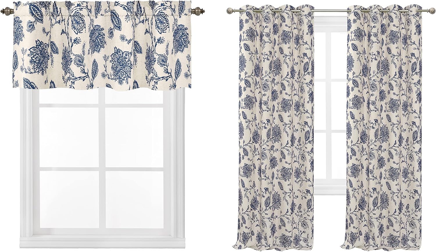 DriftAway Freda Jacobean Floral Linen Blend Valance Rod Pocket 2 Layers Single 52 x 14 Plus 2 Inch Header Bundle with Linen Blend Lined Blackout Grommet Curtains 2 Panels Each 52 x 84 Inch Navy Beige
