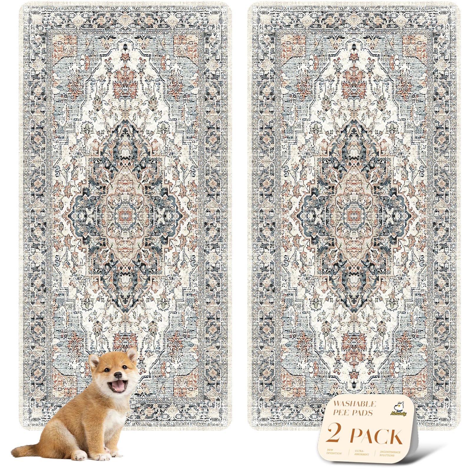 nunubaby Washable Pee Pads for Dogs, Stylish, Non-Slip and Leak-Proof Pee Pads. Reusable Potty Pads for Dogs for Crates and Floors.(Beige/Multi, 36" x72" )