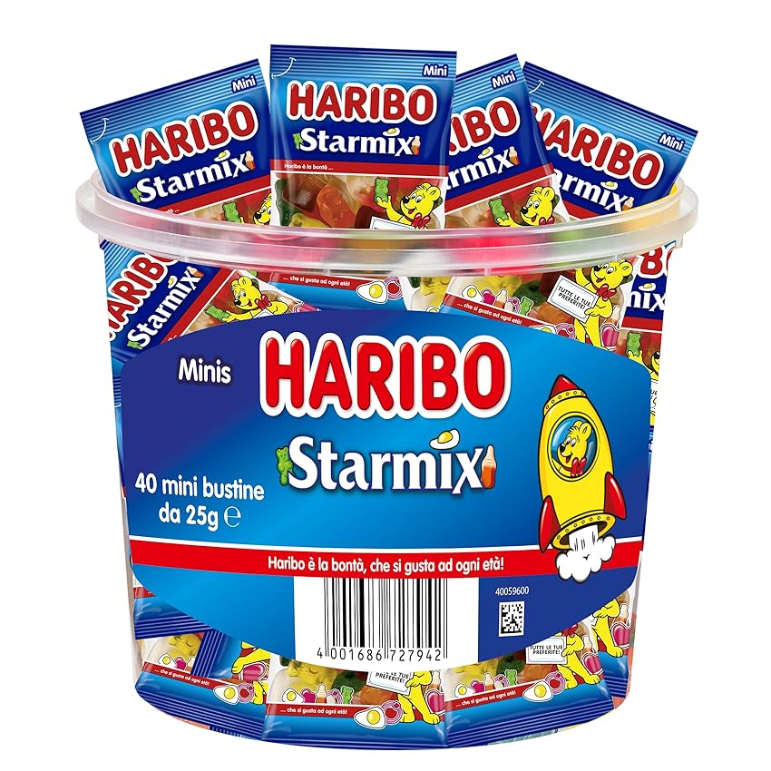 Haribo Starmix, 40 Haribo Mini Bustine da 25gr, Caramelle Gommose, Gusto Frutta, Ideali per Feste - 1000gr