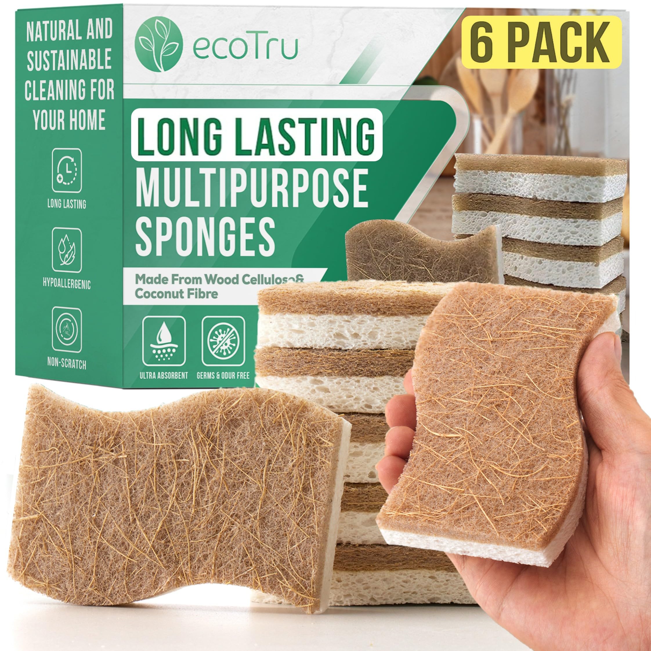 6 Pack Natural Kitchen Sponges, Compostable White Cellulose & Organic Coconut Scrubber Sponge for Washing Dishes, Kind Eco Friendly Non Toxic & Biodegradable Dishwashing Sponges