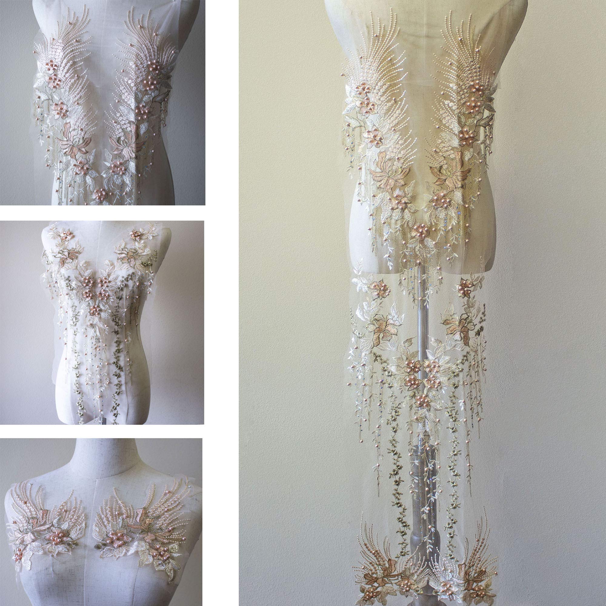 LITTLE PANDADA 3 in 1 Lace Applique sew on Patches with Beads Rhinestone 3D Flowers Embroidery Lace Trim Applique Bridal Wedding Dress 120 x 30 cm (Apricot)