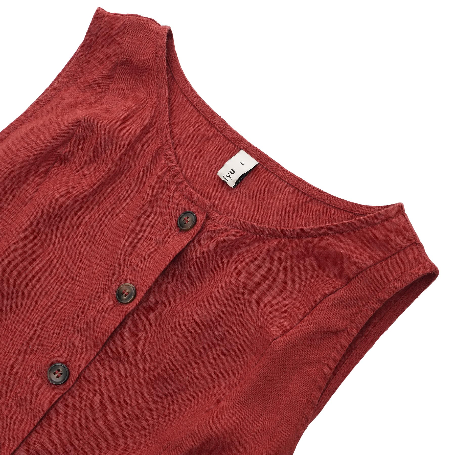 Amazhiyu Abito da donna 100% lino, maxi abito senza maniche girocollo con bottoni