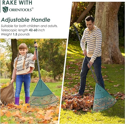 Miniatura 5 de ORIENTOOLS Rastrillo de hojas de jardín, rastrillo de jardín con tubo de acero extensible ajustable de 43 a 66 pulgadas, rastrillo ligero para