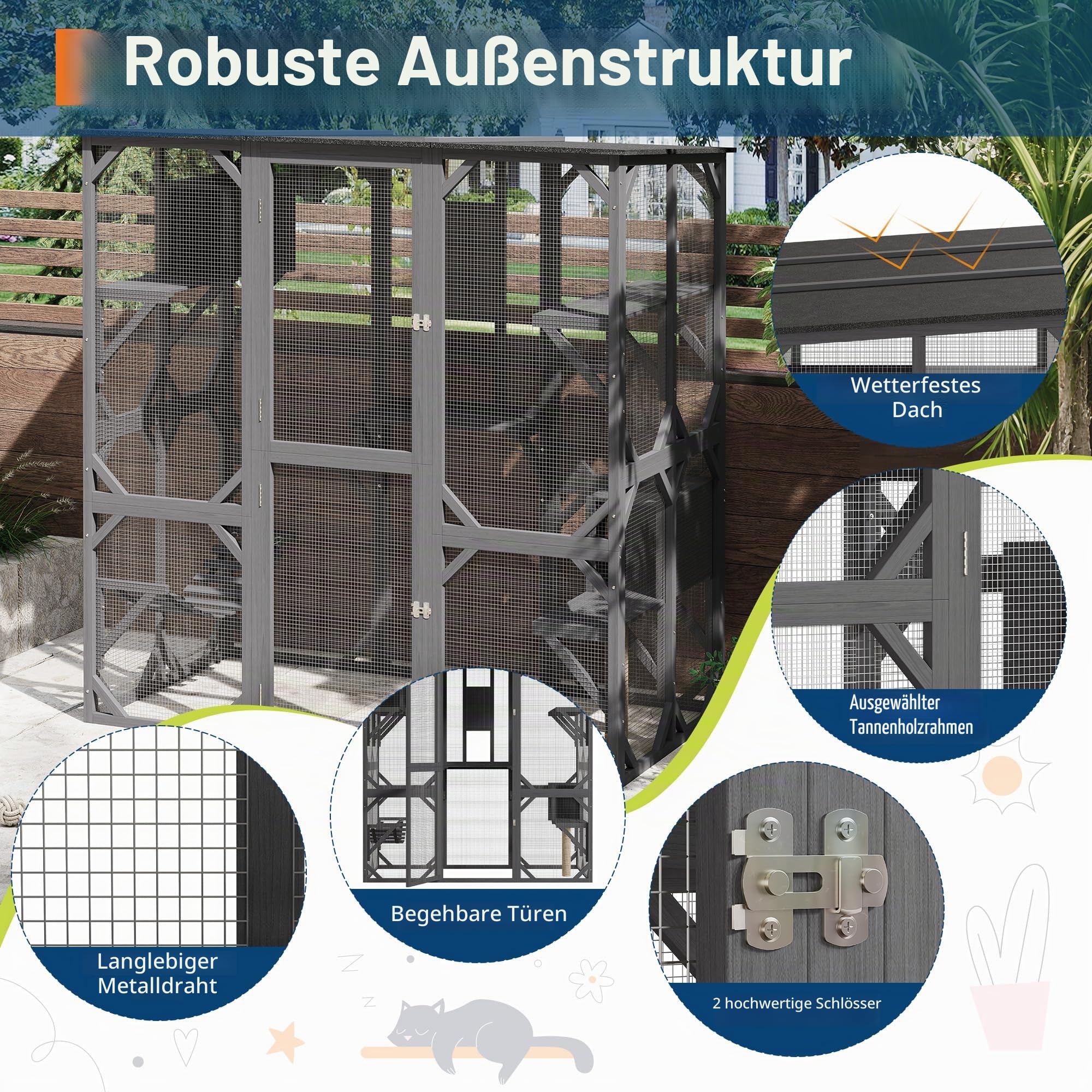 Großes Katzengehege, 177 x 173 x 92.5 cm großer Katzenhaus mit regenfest Dach, Liegeflächen, Hängematte & Plattformen, Drahtgitter Katzenkäfig für Innenbereich, Outdoor, Terrasse, Garten