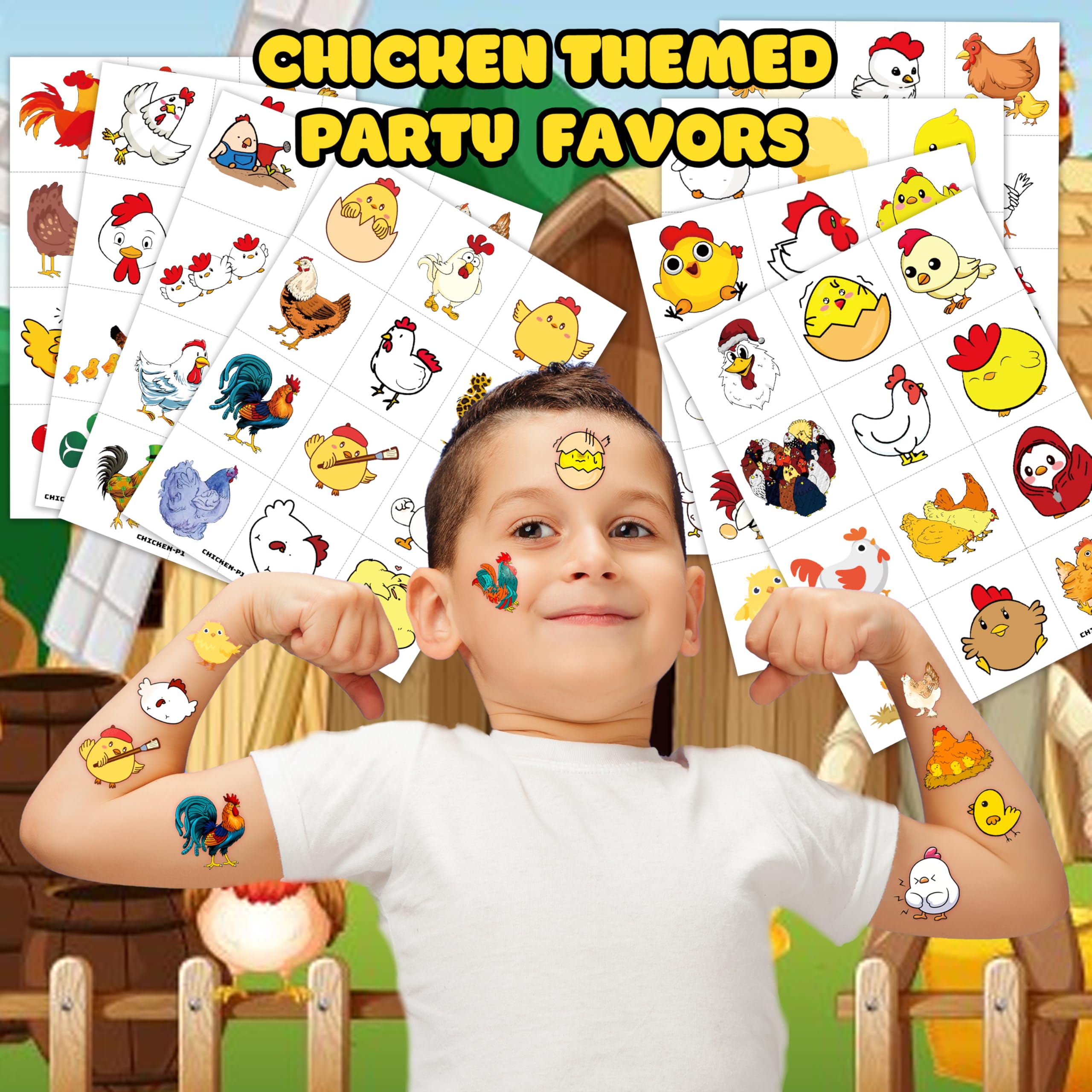 96 PCS Chicken Pre–Cut Temporary Tattoos Birthday Party Decorations Favors Supplies Yellow Chicken Farm Animals Decor Stickers For Girls Boys Gift School Prizes Rewards