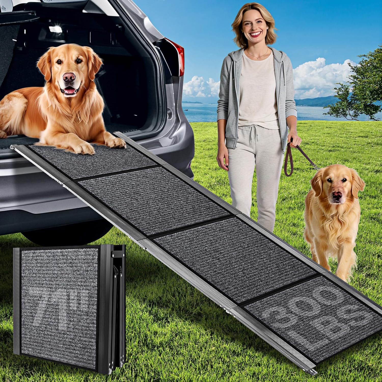 Dog Ramps for Large Pets, 71" L & 20" W Extra Wide Foldable Aluminum Pet Ramp with IP64 Waterproof & Non-Slip Rug Surface, Up to 300lbs for Giant Dogs for SUV, Truck, Bed, Stairs, Indoor & Outdoor