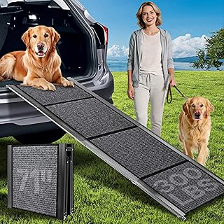 Rampas para perros para mascotas grandes, 71" L y 20" W, rampa plegable extra ancha de aluminio para mascotas con superficie de alfombra IP64 impermeable y antideslizante, hasta 300 libras para perros gigantes para SUV, camión, cama, escaleras, interiores y exteriores