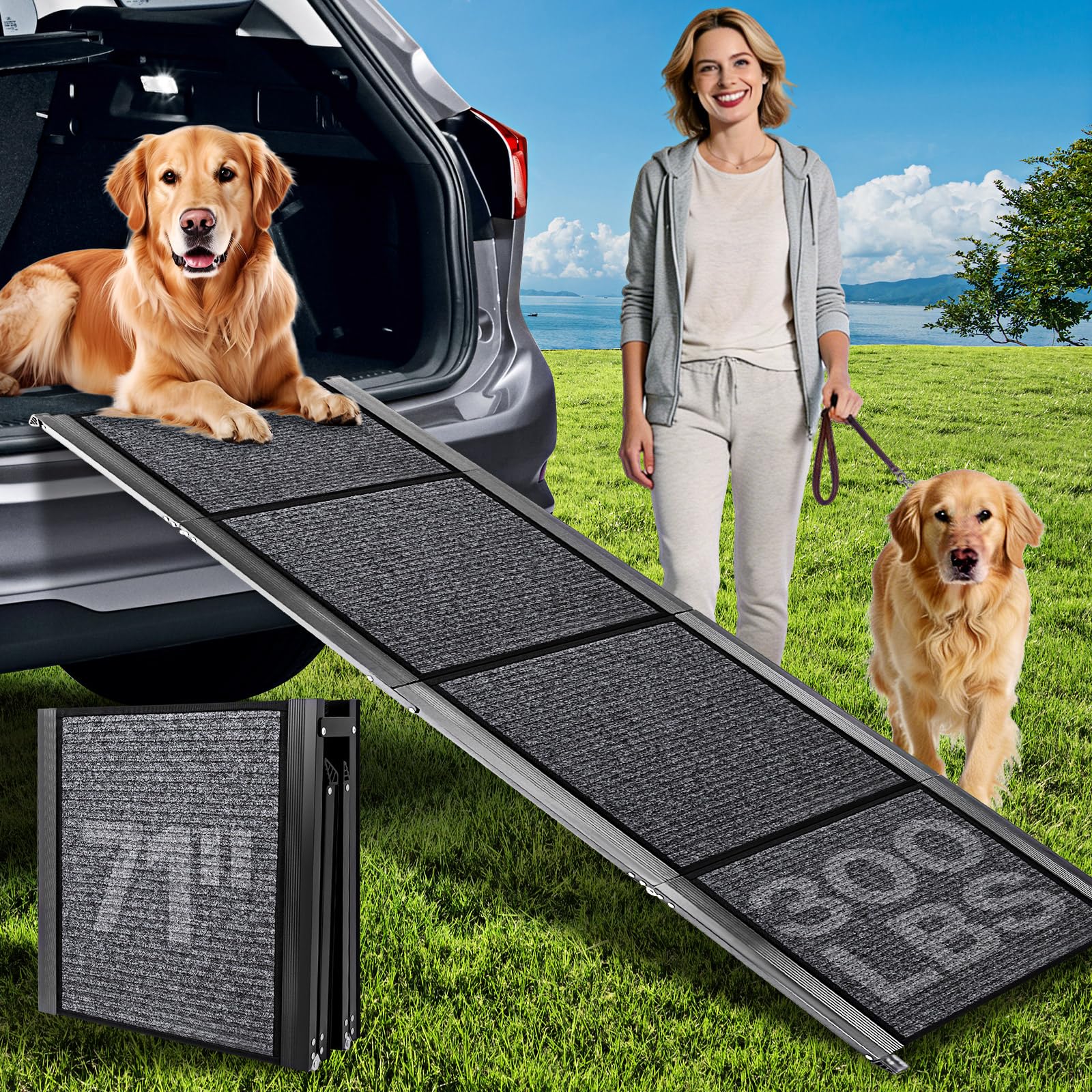 Rampes pour chiens de grande taille, 180,3 cm de long et 50,8 cm de large, en aluminium pliable extra large avec surface de tapis étanche IP64 et antidérapante, jusqu'à 136,1 kg pour chiens géants