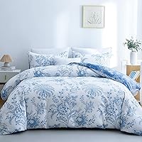 BOLINLIVING Queen Floral Duvet Cover Set 3PC, Reversible White Blue Flowers, Soft Breathable Microfiber Bedding with Zipper & 2 Shams