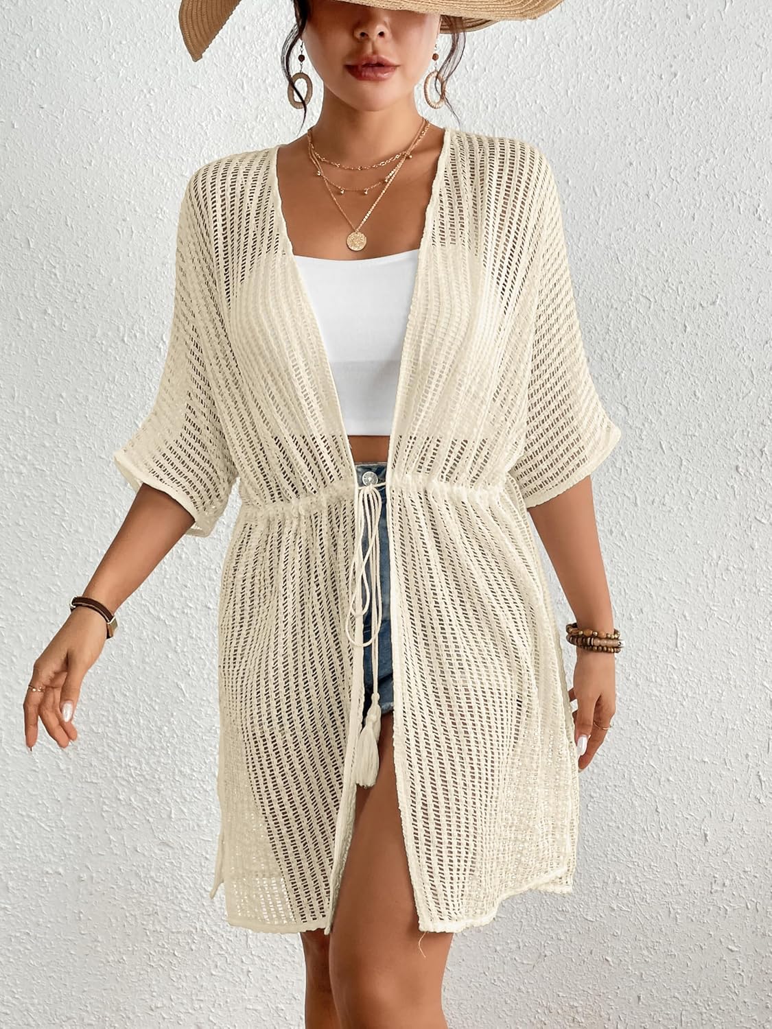 Bsubseach Crochet Kimonos for Women Mesh Sexy Bathing Suit Cover Ups Open Front Beach Summer Outwear - Image 4