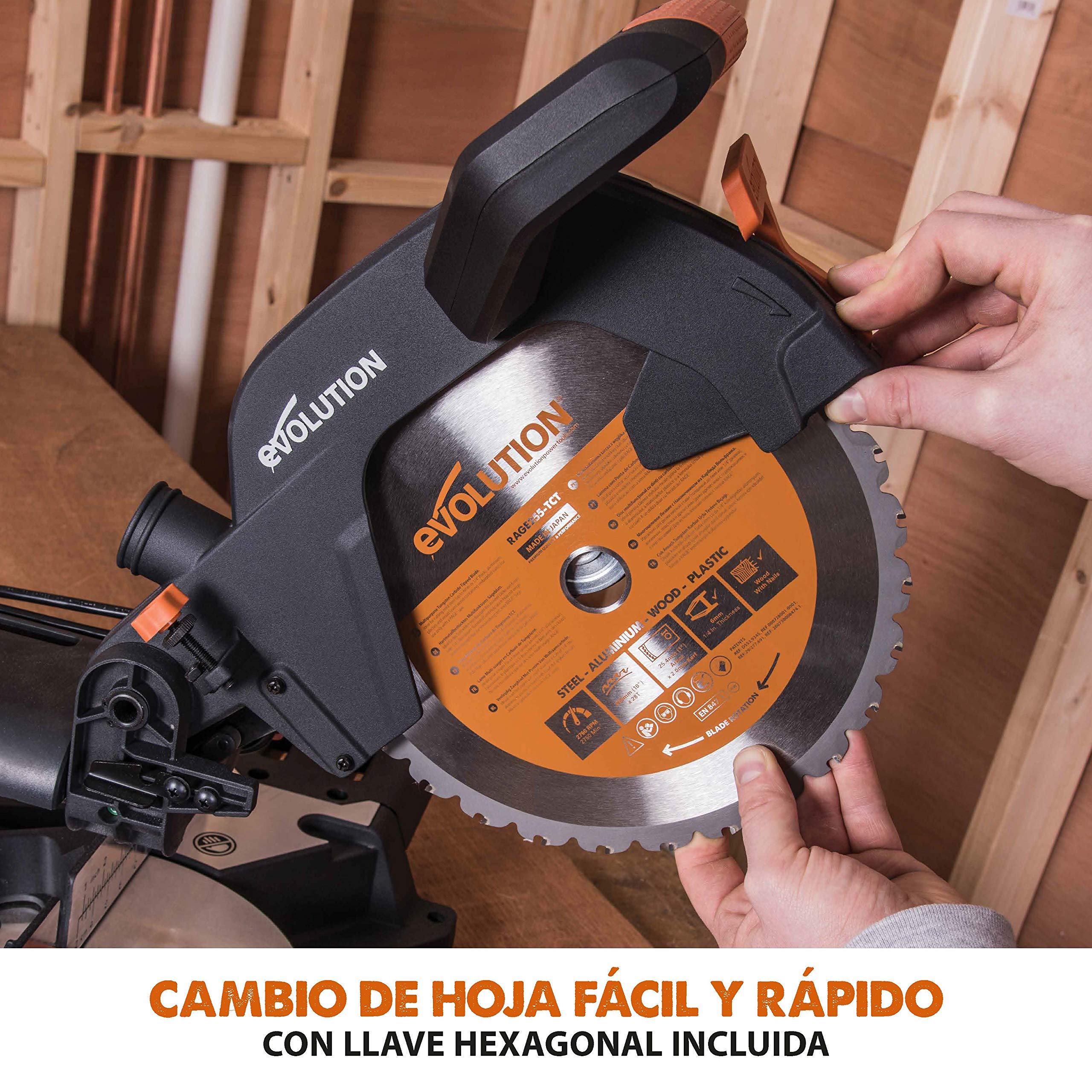 Evolution Power Tools R255SMS Sierra ingletadora Deslizante multimaterial, con Paquete Plus, Corta acero dulce, aluminio, plástico, madera con clavos incrustados 230 V, 255 mm