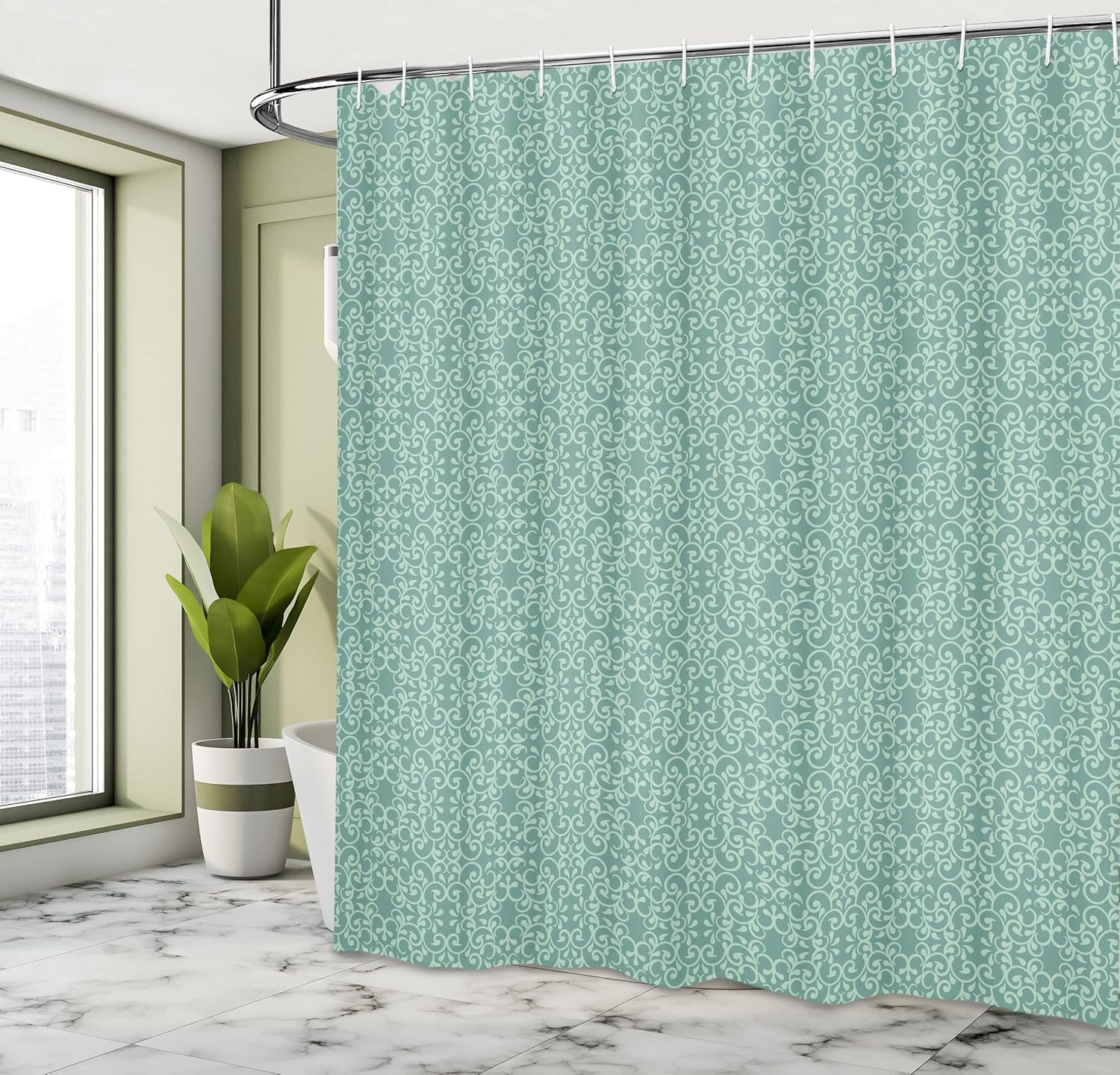 Ambesonne Green Shower Curtain, Vintage Style Victorian Garden Pattern Antique Design Old Fashion Ornaments, Cloth Fabric Bathroom Decor Set with Hooks, 69" W x 70" L, Turquoise Seafoam