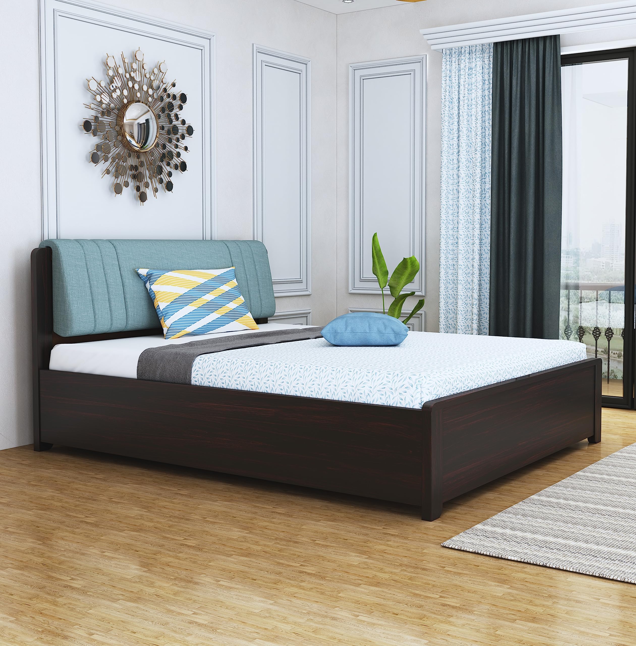 SABTA Craft Sheesham Wood King Size Bed with Storage | Wooden Double Bed Cot Bed with Box Storage & Aqua Upholstered Cushioned Headboard for Bedroom | Walnut Finish discount deal