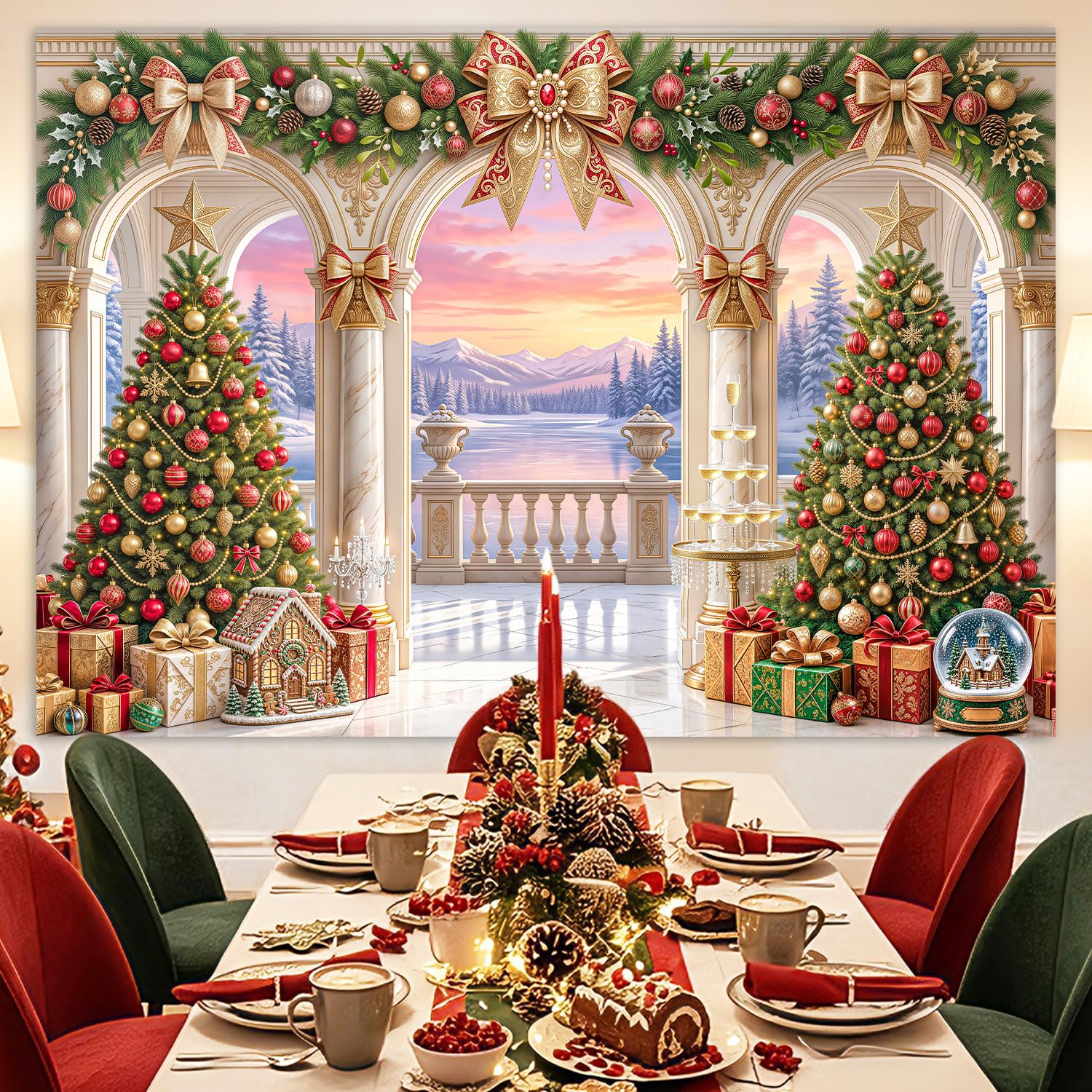 Fondo de arco de mármol de Navidad de 3 x 8 pies, fondo de fotos de montaña