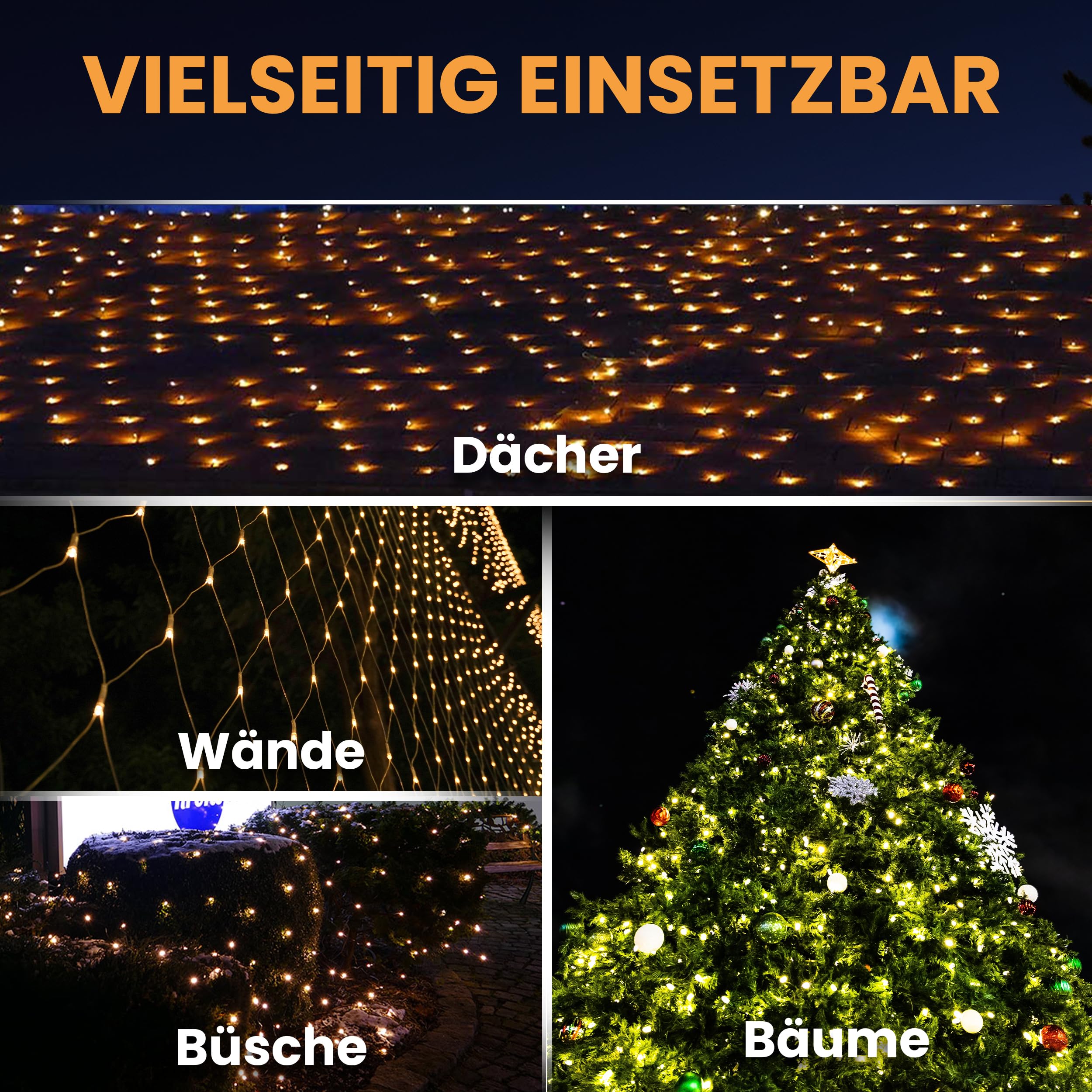 Gartenpirat LED-Lichternetz 4x4 m 360 LED warmweiß mit Timer-Funktion Lichterkette Netz Beleuchtung außen innen
