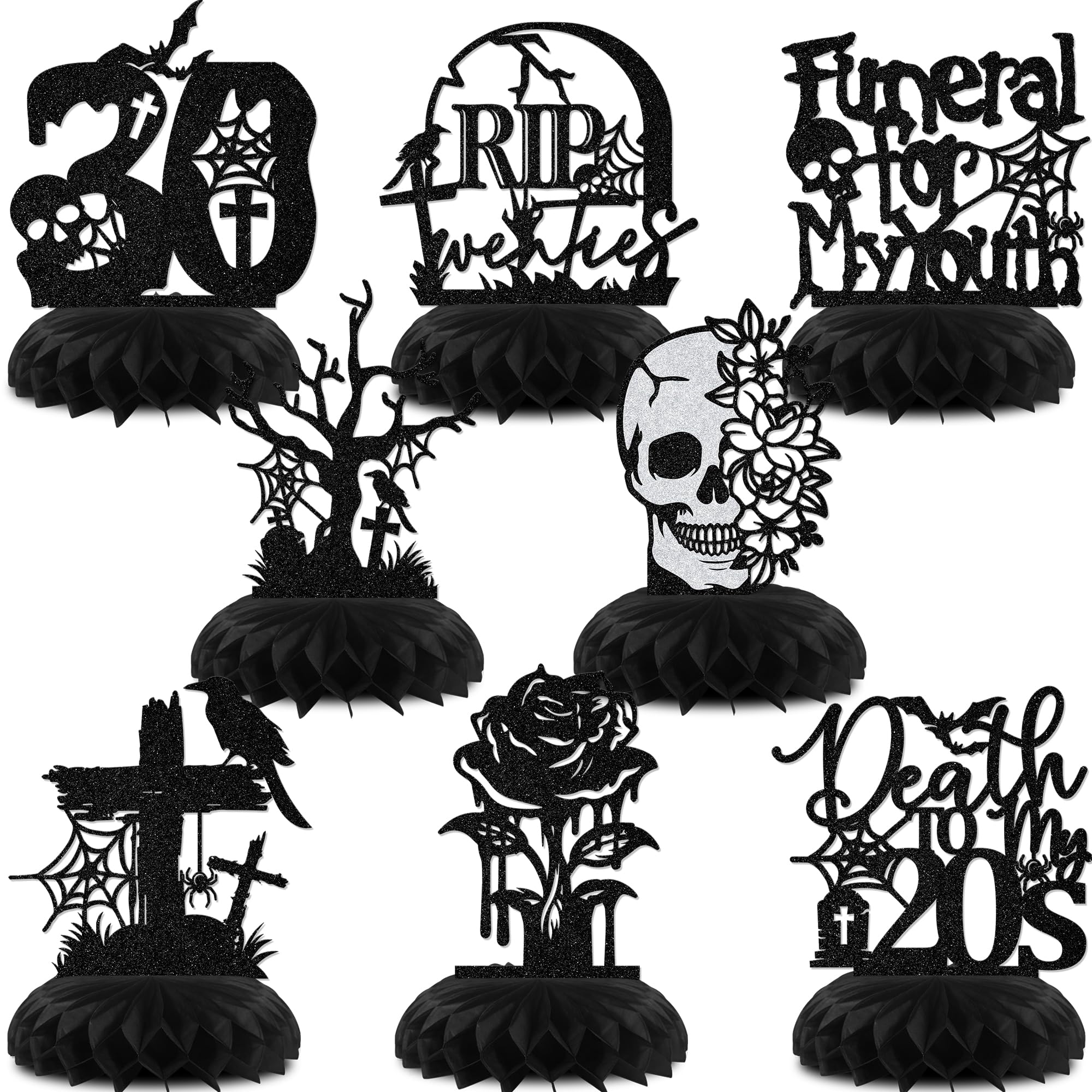 Aumccxz 8Pcs Death to My Twenties Honeycomb Centerpiece Rip to My 20s Birthday Decorations Funeral for My Youth 30th Birthday Decorations Black & Silver