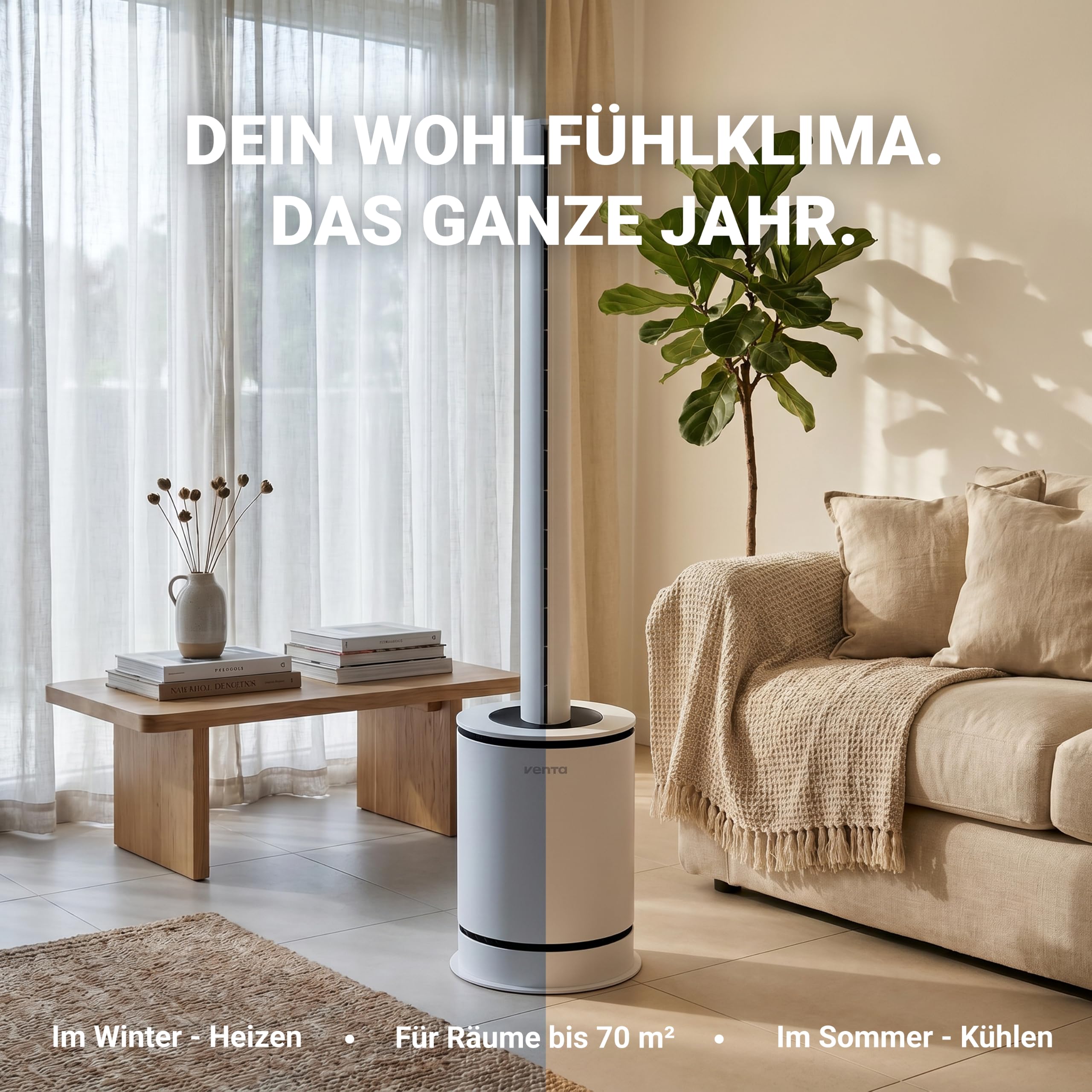 VENTA AP100 Hybrid 3-in-1 Luftreiniger, Ventilator und Heizlüfter | Für Räume bis 70m² | 80° Drehung | 9 Stufen + Turbomodus | Leiser Turmventilator mit Fernbedienung | App-Steuerbar