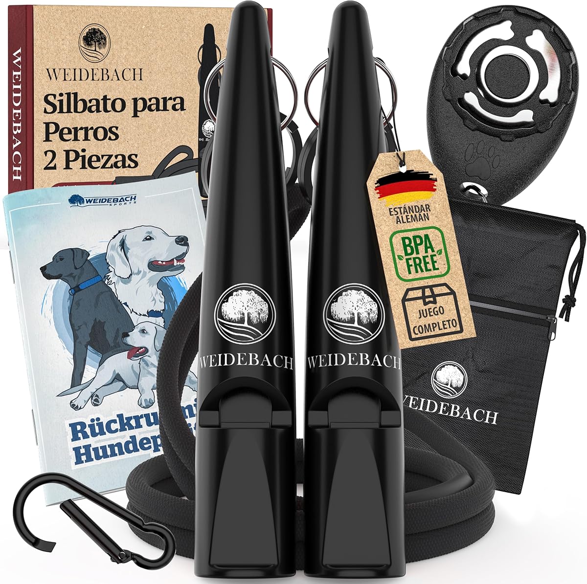 2X Silbato para Perros Mejorado 2.0 con Sonido más Estable y Fuerte, Incluye clicker, Bolsa para golosinas, estandarizado, Banda y Boquilla de Calidad, Entrenamiento de Llamada exitoso