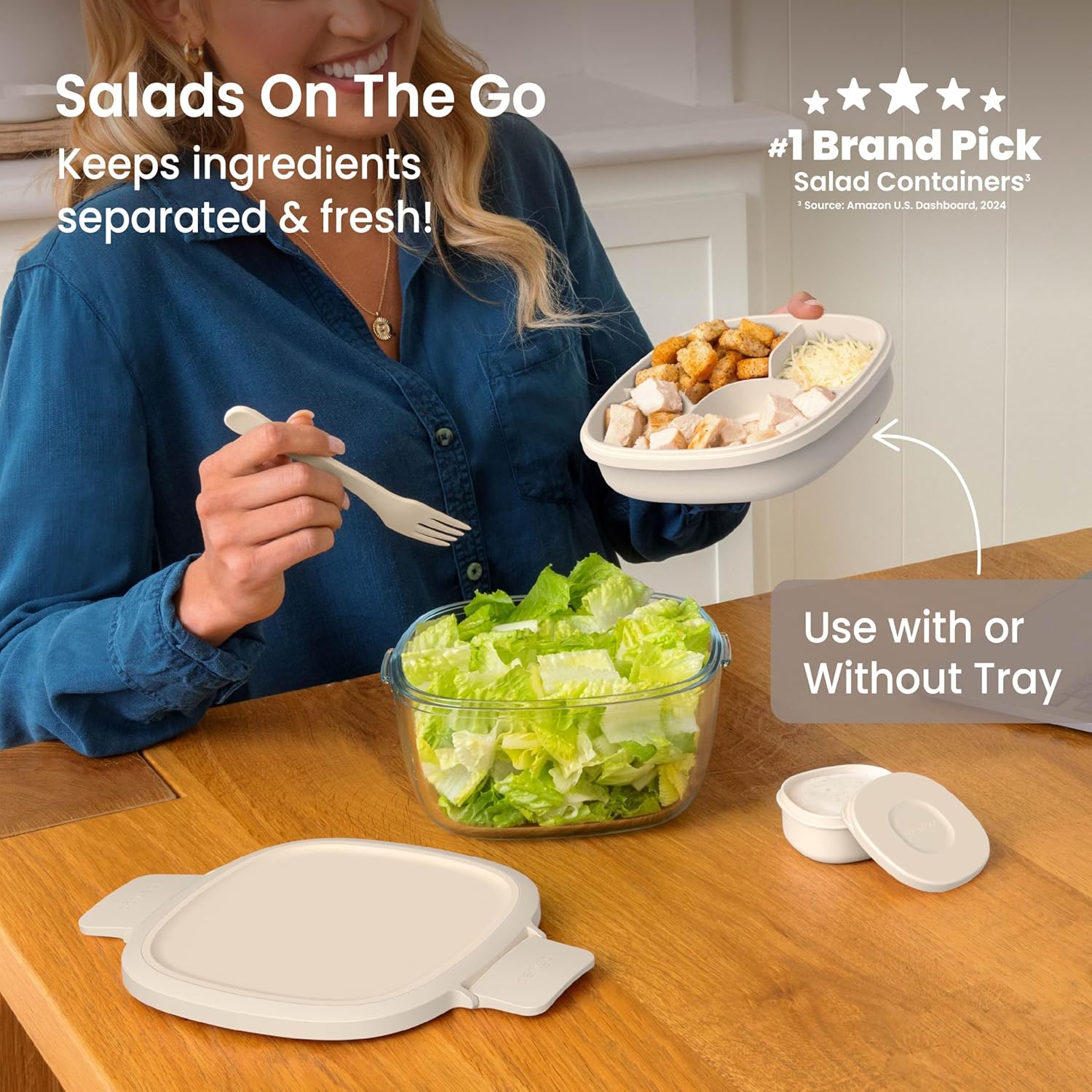 Bentgo Glass Salad Container - 7.6-Cup Salad Bowl with Airtight Lid, Leak-Proof Sauce Container, 4-Compartment Bento Tray & Reusable Fork - BPA-Free for Meal Prep, Office & More (White Stone Tan) - Image 2