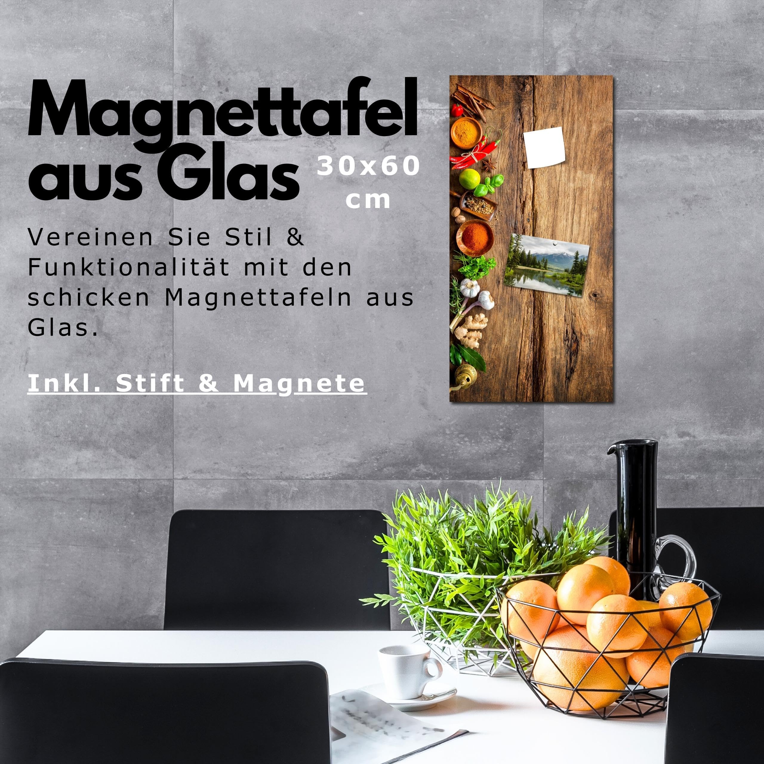 Memoboard Bright Wood L 30 x 60 cm | Magnettafel aus Glas zum beschriften hochkant | Optimal geeignet für Küche & Esszimmer als funktionaler Eyecatcher in natürlicher Holzoptik | Kräuter Gewürze