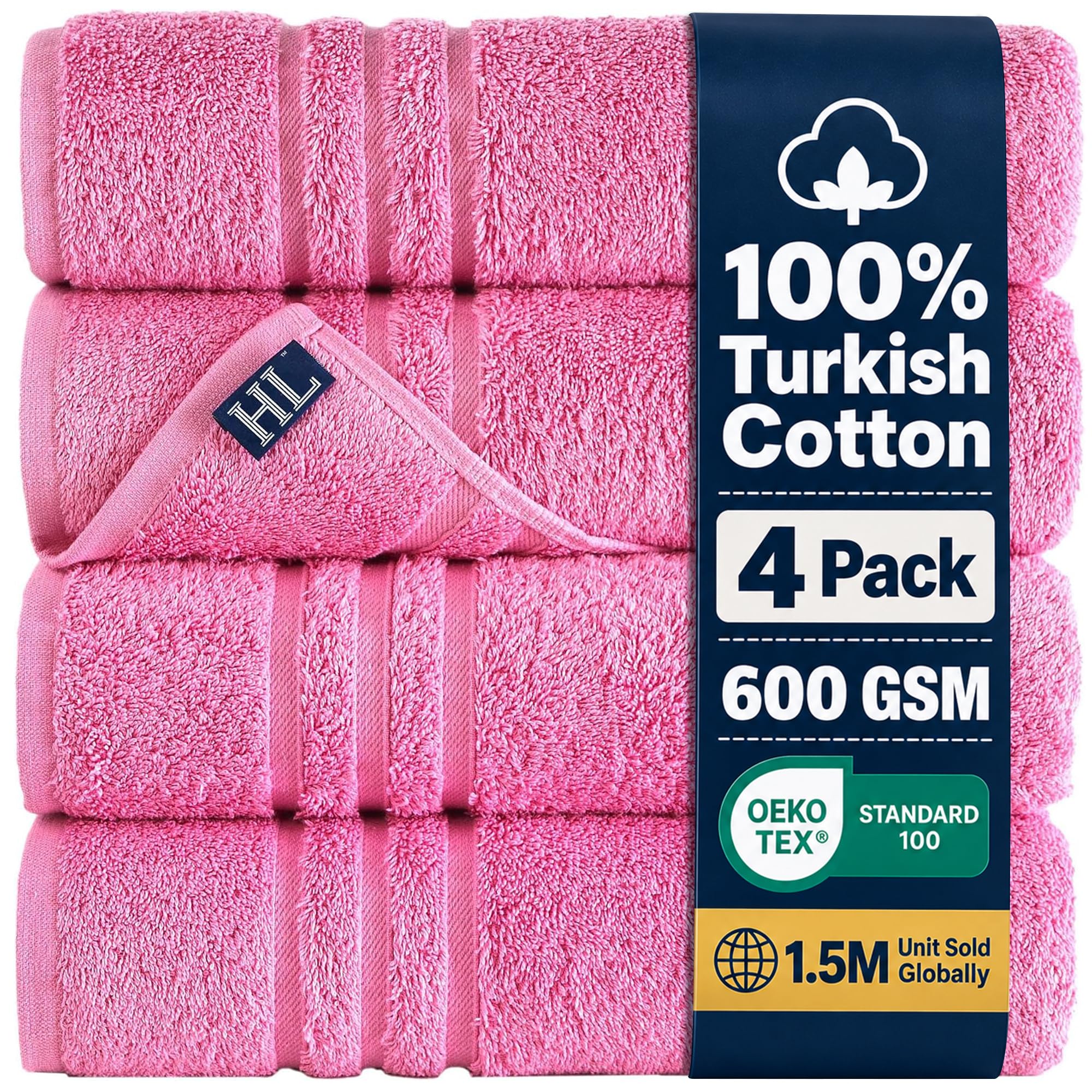 Hawmam Bath Linen Towels Large, Turkish Cotton, 4 Pack, Pink