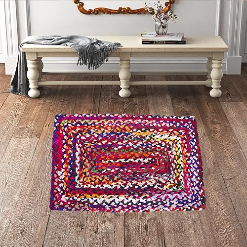 Miniatura 7 de Eleet Alfombra de algodón vibrante, 2 x 3 pies, multicolor, trenzada a mano, reversible, los colores pueden variar (2 x 3 pies de algodón