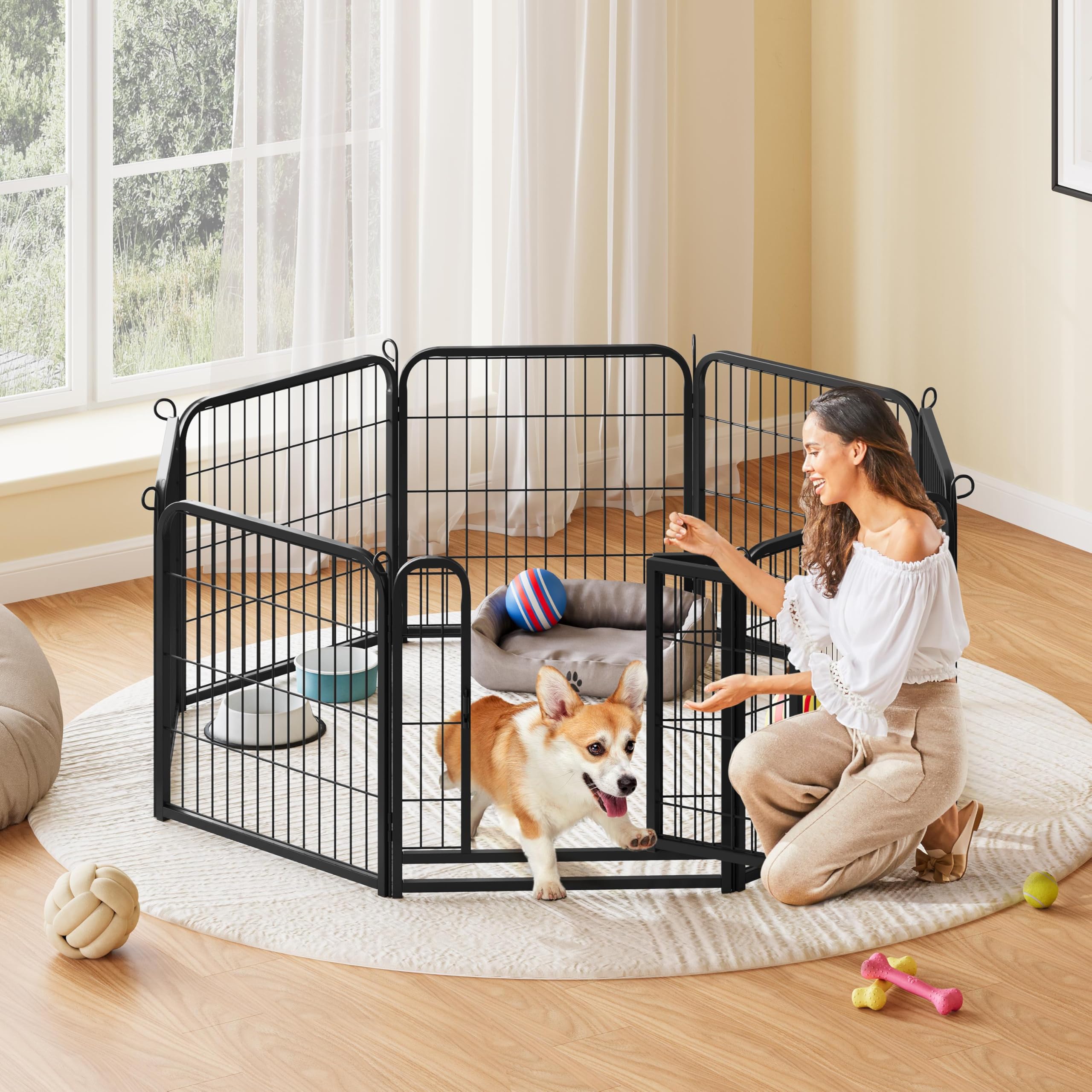 Yaheetech Welpenlaufstall 60cm hoch, 8-teilig Welpenauslauf, flexibel und faltbar, Automatische Verriegelung, Welpengitter für drinnen und draußen, Aufbau werkzeugfrei