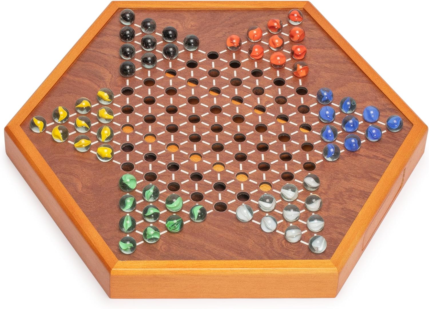 Yellow Mountain Imports Wooden Chinese Checkers Halma Board Game Set - 15.7 x 13.6 Inches - with Drawers and Glass Marbles