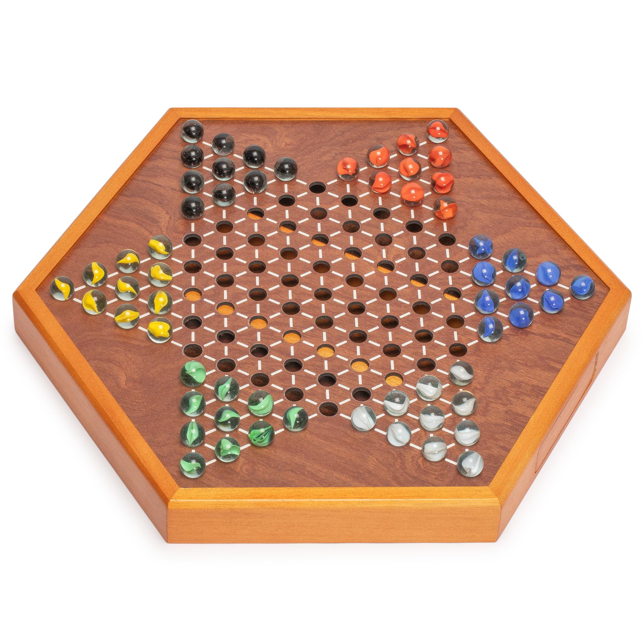 Yellow Mountain Imports Jeu de Dames Chinoises Halma en Bois - 32 Centimètres - avec Tiroirs et Billes de Verre Colorées
