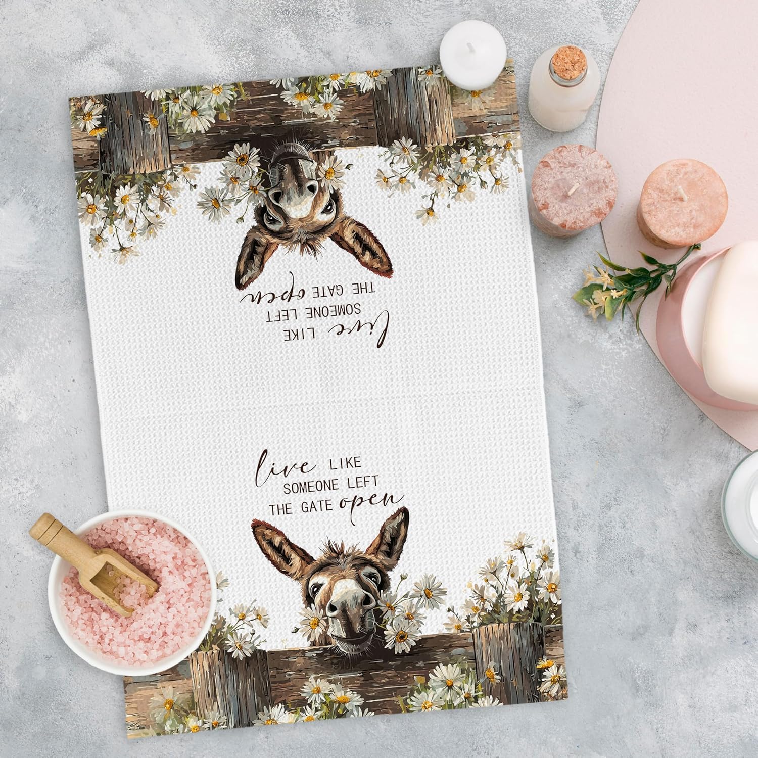 Funny Farmhouse Donkey Kitchen Dish Towels, Farmers Gifts for Men Women Farm House, Live Like Someone Left The Gate Open Hand Towels for Bathroom Kitchen Decor, Donkey Gifts, 16x24 Inches - Image 2