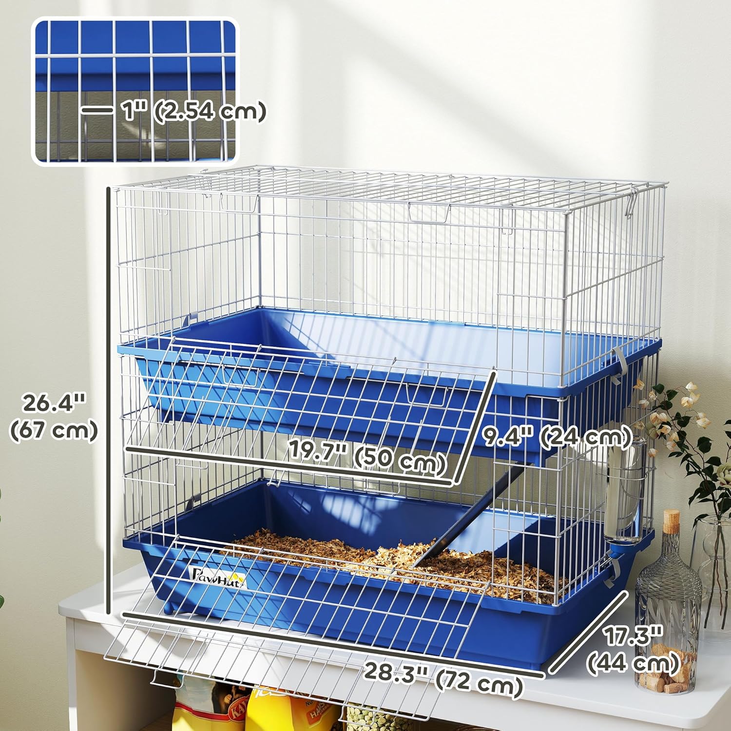 PawHut 2-Tier Guinea Pig Cage, Ferret Cage, Chinchilla Cage, Small Animal Cage Indoor with Dish and Bottle, 2 Doors, Deep Bottoms, Ramp, 28", Blue