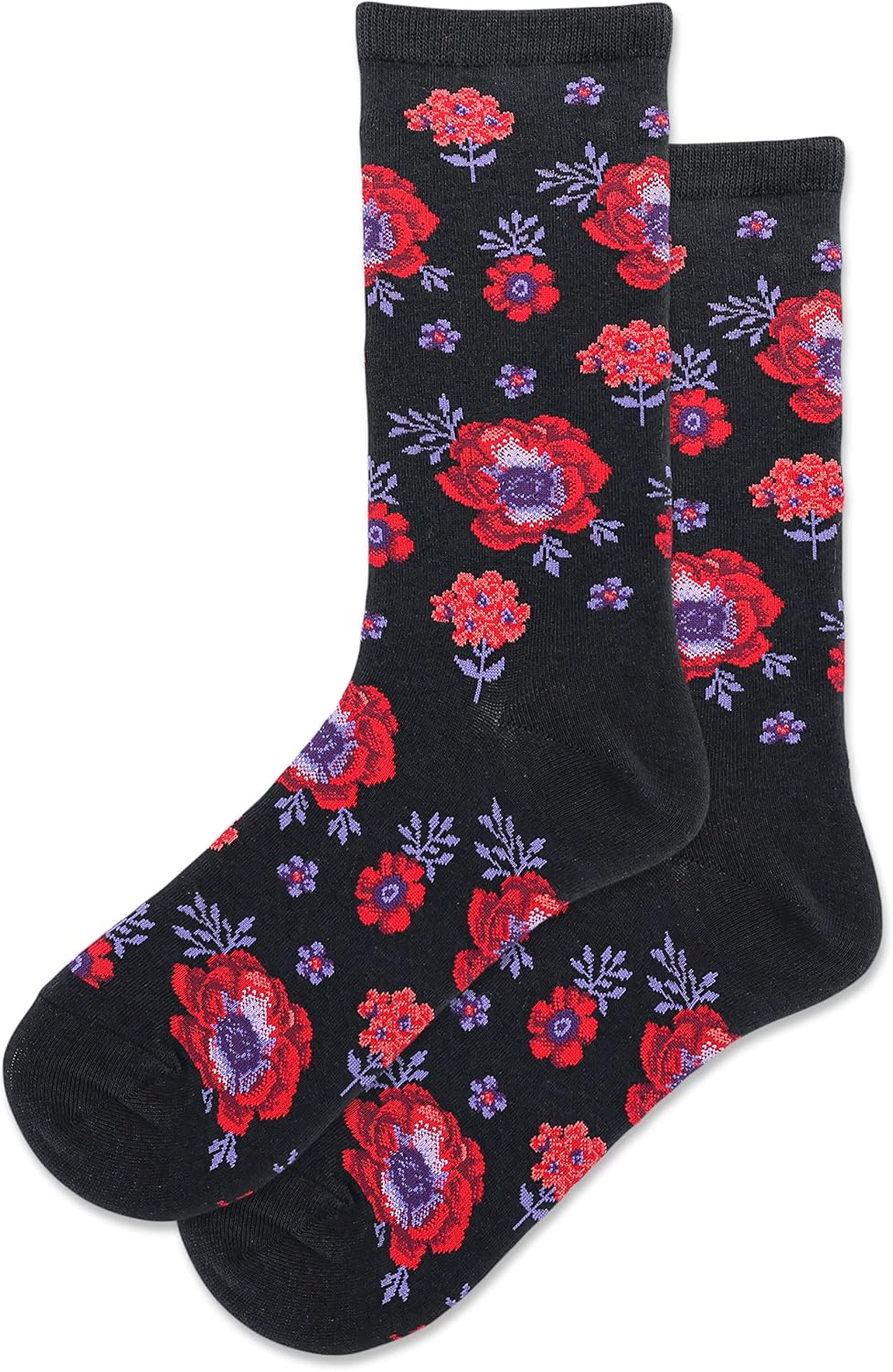 Hot Sox Women's Poppy Floral Crew Socks 1 Pair, Black, Women's 9-11 Shoe
